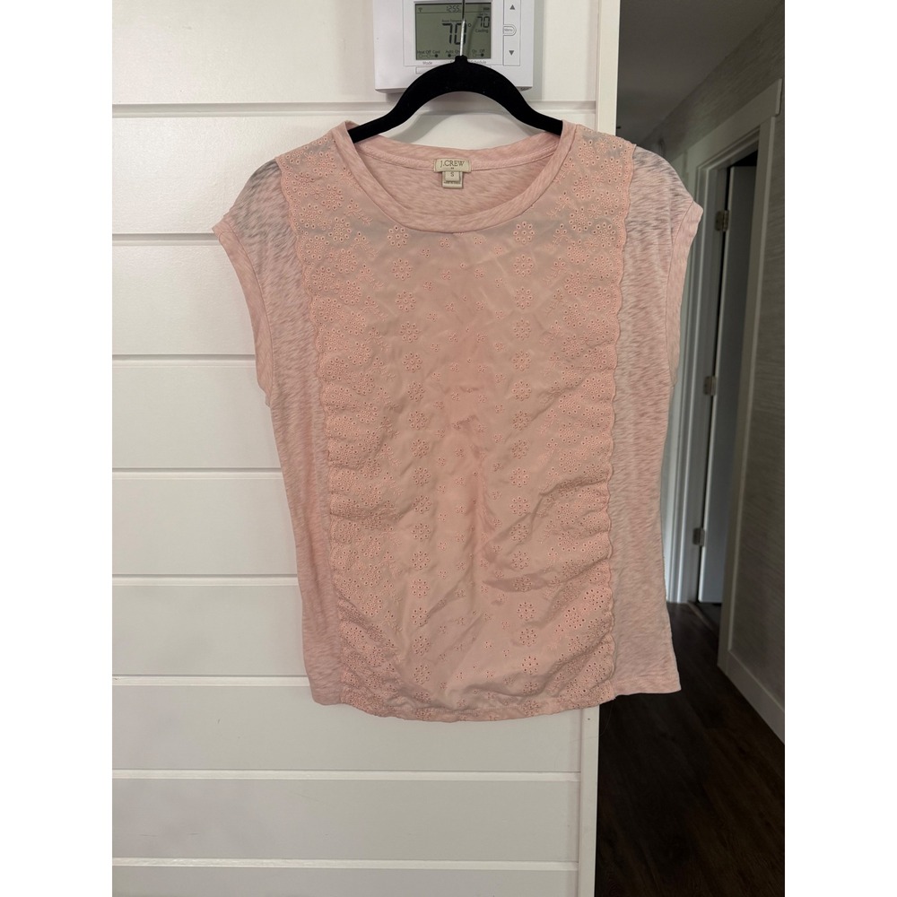 J.Crew Womens Pink Eyelet Embroidered Front‎ Slub Knit Short Sleeve Top Size S